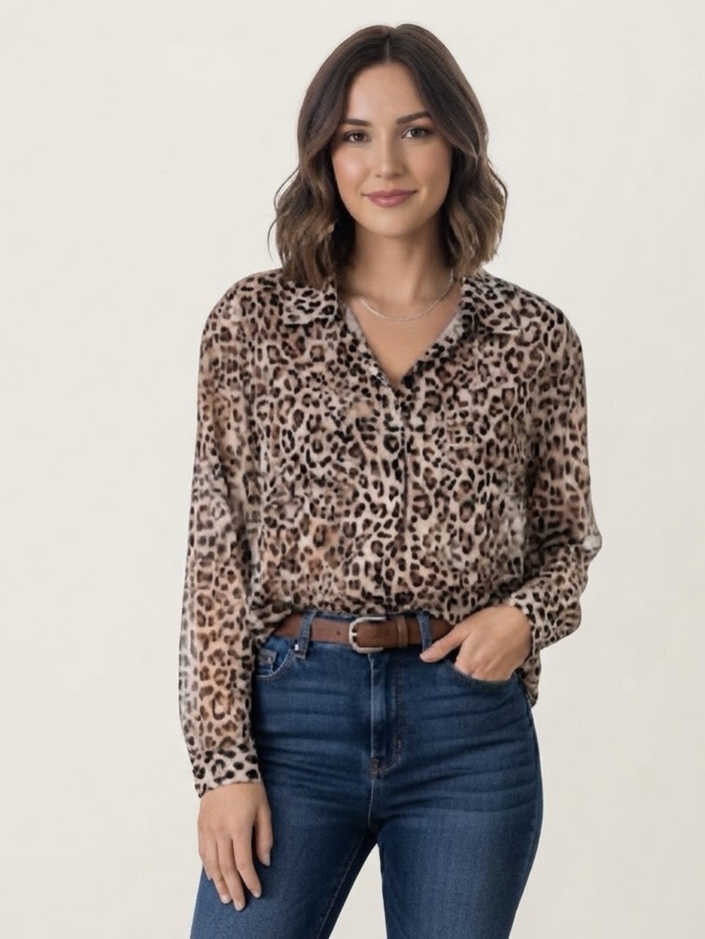Wayf Sz M Leopard Print Semi Sheer Long Sleeves Short Button Down Shirt Blouse